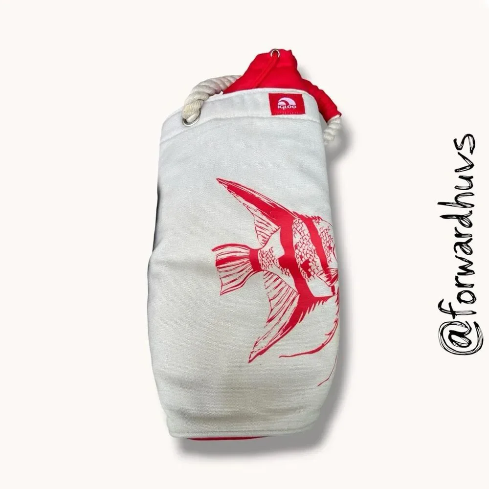 Igloo Fish Print Insulated Wine Bottle Tote Carrier Canvas Red White Cooler